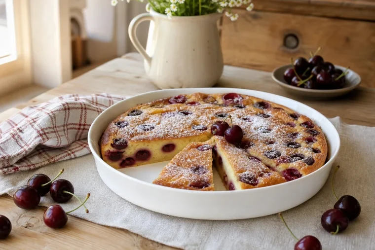 Clafoutis aux cerises traditionnel doré dans son plat en porcelaine blanche, deux parts découpées