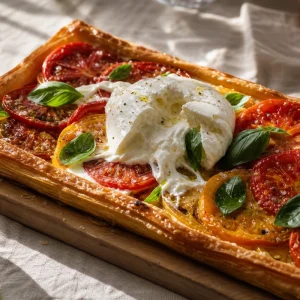Tarte tomate burrata dorée avec stracciatella coulante et basilic frais sur planche en bois