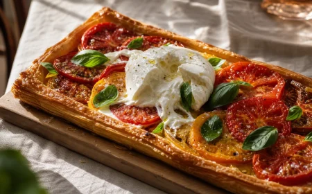 Tarte tomate burrata dorée avec stracciatella coulante et basilic frais sur planche en bois
