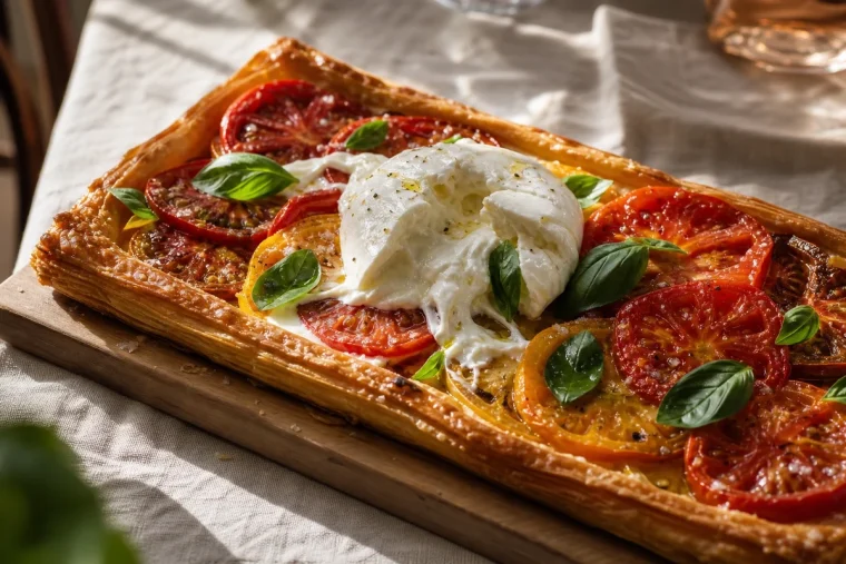 Tarte tomate burrata dorée avec stracciatella coulante et basilic frais sur planche en bois