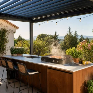 Cuisine outdoor moderne aménagée sur une terrasse avec plancha, îlot central en céramique et pergola bioclimatique