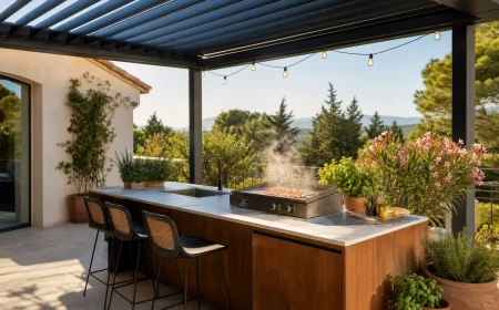 Cuisine outdoor moderne aménagée sur une terrasse avec plancha, îlot central en céramique et pergola bioclimatique