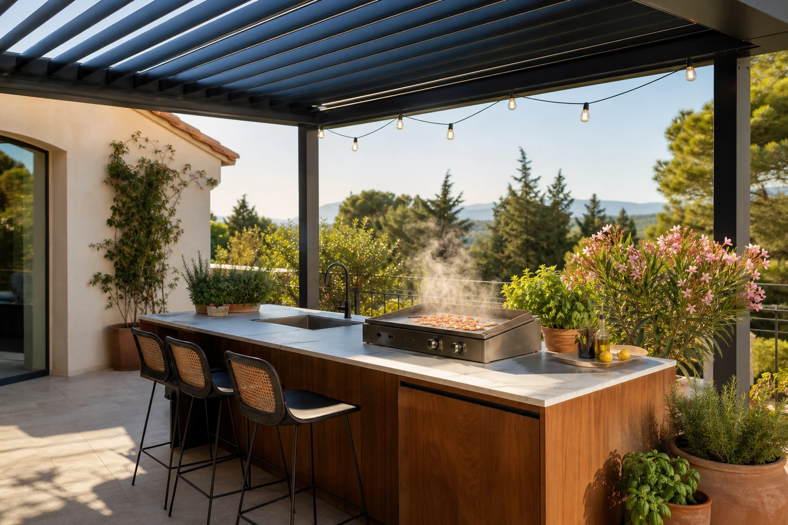 Cuisine outdoor moderne aménagée sur une terrasse avec plancha, îlot central en céramique et pergola bioclimatique