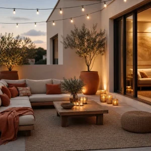 Terrasse aménagée comme un salon d'intérieur avec canapé en teck, coussins terracotta, guirlande lumineuse et tapis outdoor beige