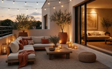 Terrasse aménagée comme un salon d'intérieur avec canapé en teck, coussins terracotta, guirlande lumineuse et tapis outdoor beige