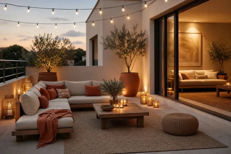 Terrasse aménagée comme un salon d'intérieur avec canapé en teck, coussins terracotta, guirlande lumineuse et tapis outdoor beige