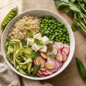 Buddha bowl végétarien de juin avec quinoa, petits pois, courgette crue, radis et féta