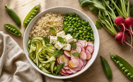 Buddha bowl végétarien de juin avec quinoa, petits pois, courgette crue, radis et féta
