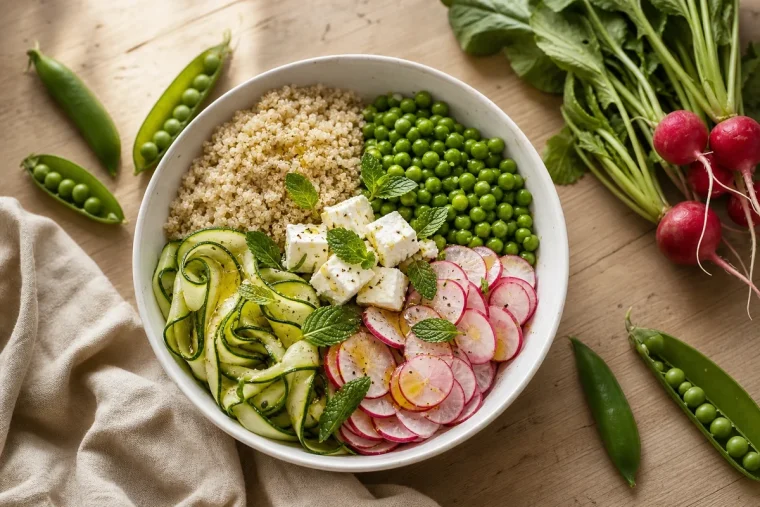 Buddha bowl végétarien de juin avec quinoa, petits pois, courgette crue, radis et féta