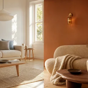 Salon scandinave et salon minimalisme organique comparés côte à côte