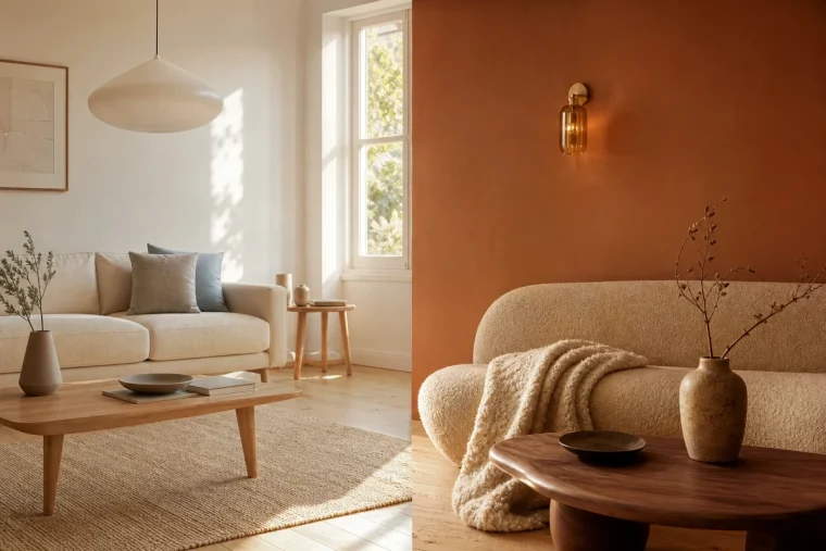 Salon scandinave et salon minimalisme organique comparés côte à côte
