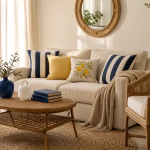 Salon style Preppy Riviera avec canapé en lin écru, coussins rayés bleu marine et blanc, plaid gaufré et table basse en rotin