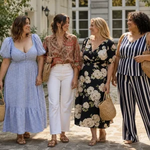 Quatre femmes portant les imprimés tendance de l'été 2026 : vichy, bandana, floral XXL et rayures larges, dans une cour parisienne ensoleillée.