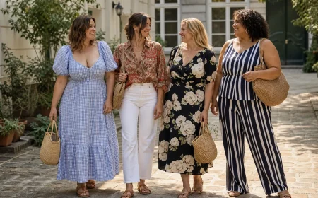 Quatre femmes portant les imprimés tendance de l'été 2026 : vichy, bandana, floral XXL et rayures larges, dans une cour parisienne ensoleillée.