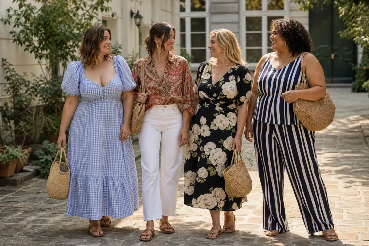Quatre femmes portant les imprimés tendance de l'été 2026 : vichy, bandana, floral XXL et rayures larges, dans une cour parisienne ensoleillée.