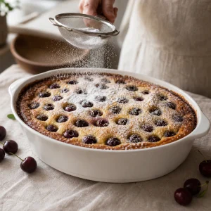 Clafoutis aux cerises traditionnel doré saupoudré de sucre glace dans un plat ovale