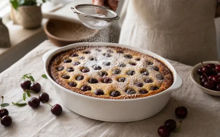 Clafoutis aux cerises traditionnel doré saupoudré de sucre glace dans un plat ovale