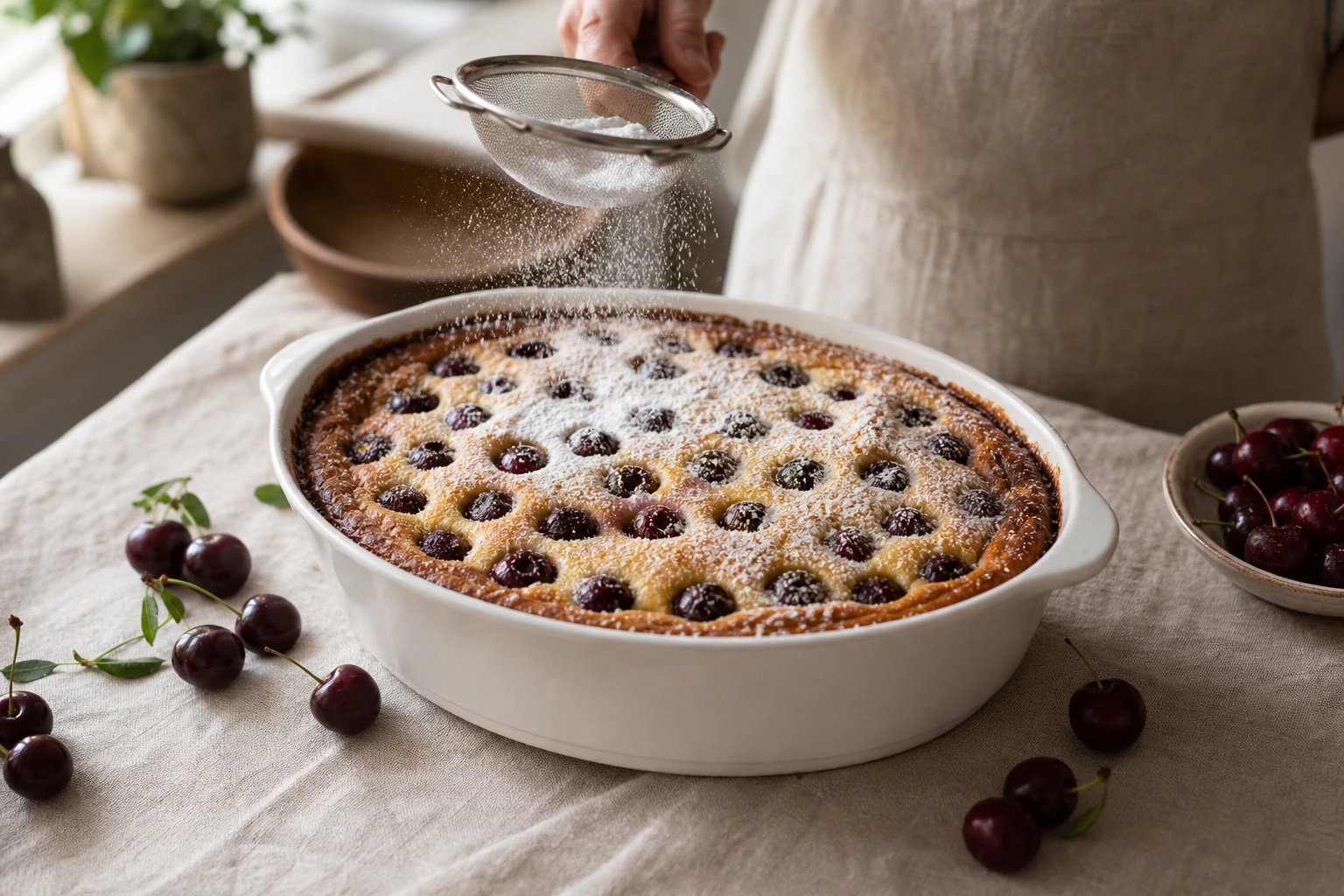 Clafoutis aux cerises traditionnel doré saupoudré de sucre glace dans un plat ovale