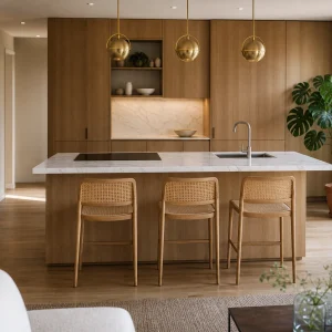 Îlot central de cuisine multifonction en chêne clair et quartz blanc avec plaque induction et évier intégrés, ouvert sur séjour