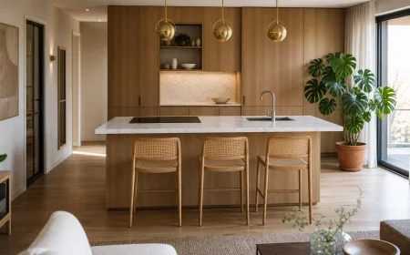 Îlot central de cuisine multifonction en chêne clair et quartz blanc avec plaque induction et évier intégrés, ouvert sur séjour