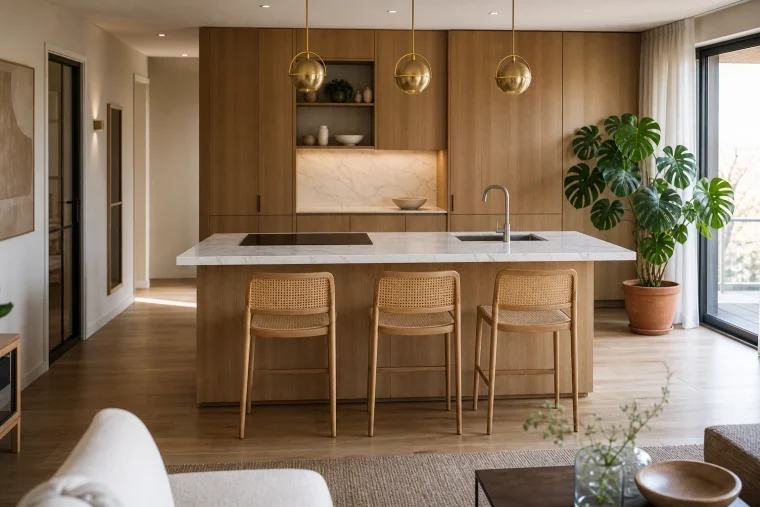 Îlot central de cuisine multifonction en chêne clair et quartz blanc avec plaque induction et évier intégrés, ouvert sur séjour