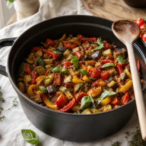 Ratatouille de saison juin dans une cocotte en fonte, légumes confits, basilic frais