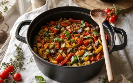 Ratatouille de saison juin dans une cocotte en fonte, légumes confits, basilic frais