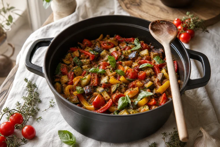 Ratatouille de saison juin dans une cocotte en fonte, légumes confits, basilic frais