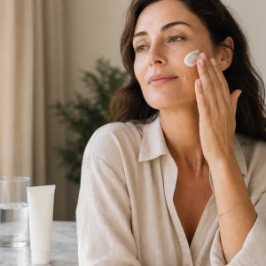 Femme appliquant une noisette de crème solaire visage SPF 50 devant un miroir, lumière naturelle