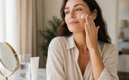 Femme appliquant une noisette de crème solaire visage SPF 50 devant un miroir, lumière naturelle