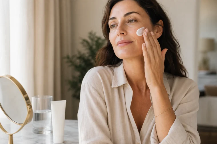 Femme appliquant une noisette de crème solaire visage SPF 50 devant un miroir, lumière naturelle