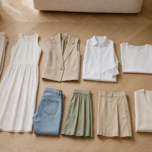 Garde-robe capsule été 2026 : les dix pièces essentielles disposées à plat sur un parquet clair
