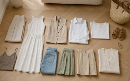 Garde-robe capsule été 2026 : les dix pièces essentielles disposées à plat sur un parquet clair