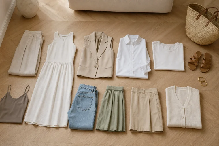 Garde-robe capsule été 2026 : les dix pièces essentielles disposées à plat sur un parquet clair