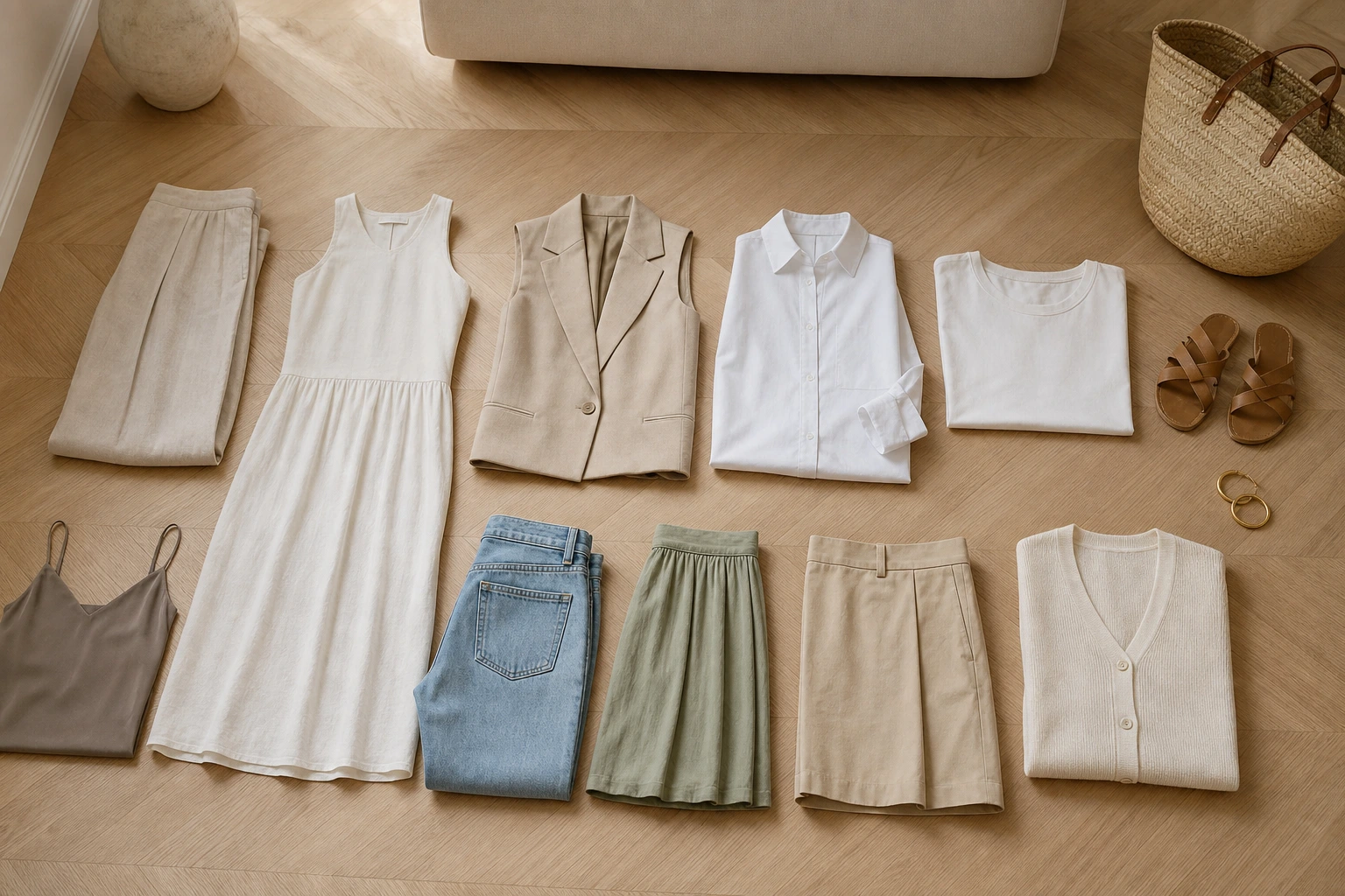 Garde-robe capsule été 2026 : les dix pièces essentielles disposées à plat sur un parquet clair
