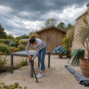 Femme arrimant le mobilier de jardin avant une tempête, parasol couché et pot d'olivier descendu sur une terrasse française