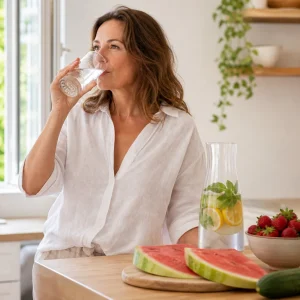 Femme buvant un verre d'eau dans une cuisine en été avec carafe d'eau citronnée, pastèque et concombre