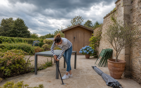 Femme arrimant le mobilier de jardin avant une tempête, parasol couché et pot d'olivier descendu sur une terrasse française