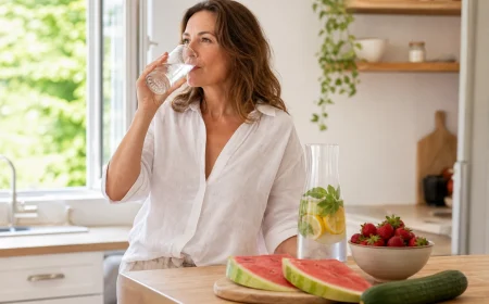 Femme buvant un verre d'eau dans une cuisine en été avec carafe d'eau citronnée, pastèque et concombre