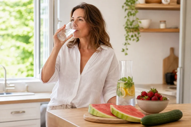 Femme buvant un verre d'eau dans une cuisine en été avec carafe d'eau citronnée, pastèque et concombre