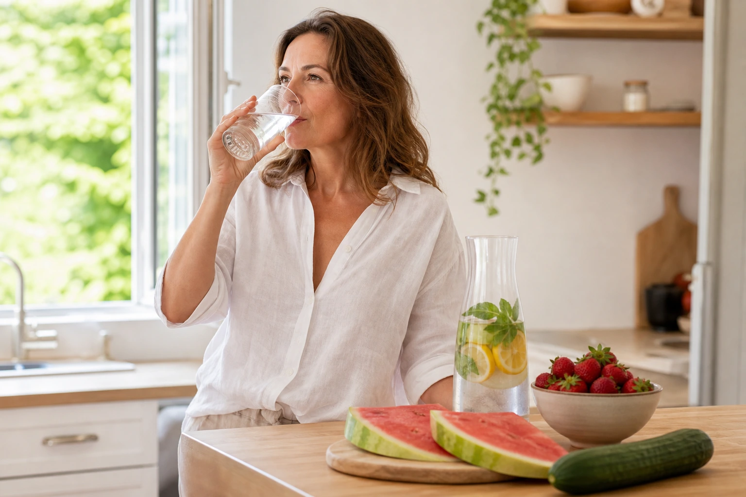 Femme buvant un verre d'eau dans une cuisine en été avec carafe d'eau citronnée, pastèque et concombre