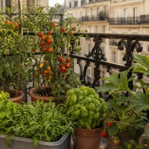 Potager de balcon productif en juin avec tomates cerises, basilic, salades et fraises sur balcon parisien