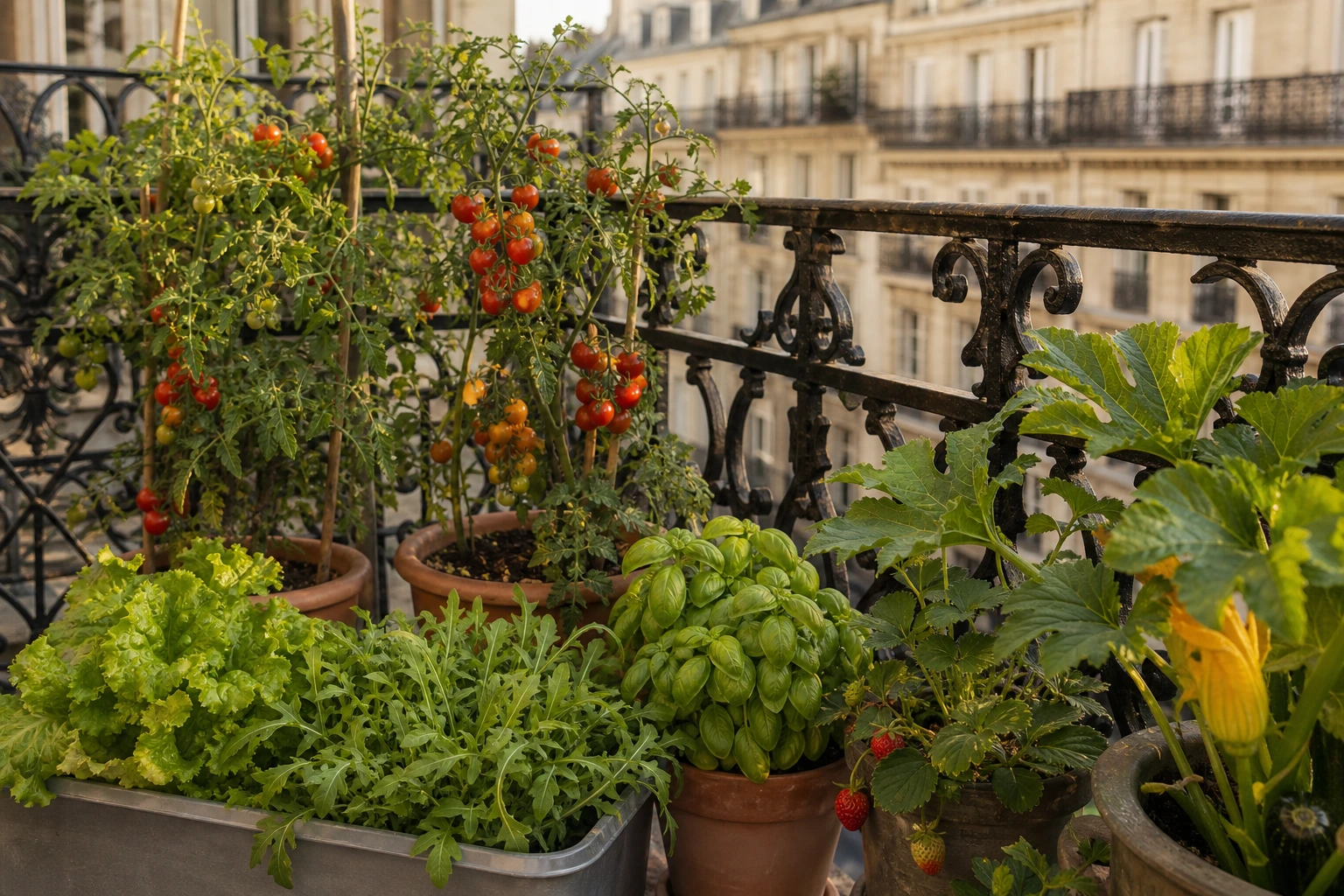 Potager de balcon productif en juin avec tomates cerises, basilic, salades et fraises sur balcon parisien