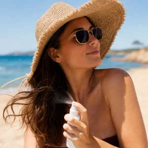 Femme aux cheveux protégés sur une plage française en été, chapeau à large bord et spray capillaire