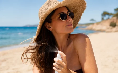 Femme aux cheveux protégés sur une plage française en été, chapeau à large bord et spray capillaire
