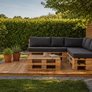 Terrasse en palettes Europe finie sur lit de gravier avec salon de jardin et plantes aromatiques dans un jardin français