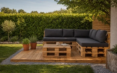 Terrasse en palettes Europe finie sur lit de gravier avec salon de jardin et plantes aromatiques dans un jardin français