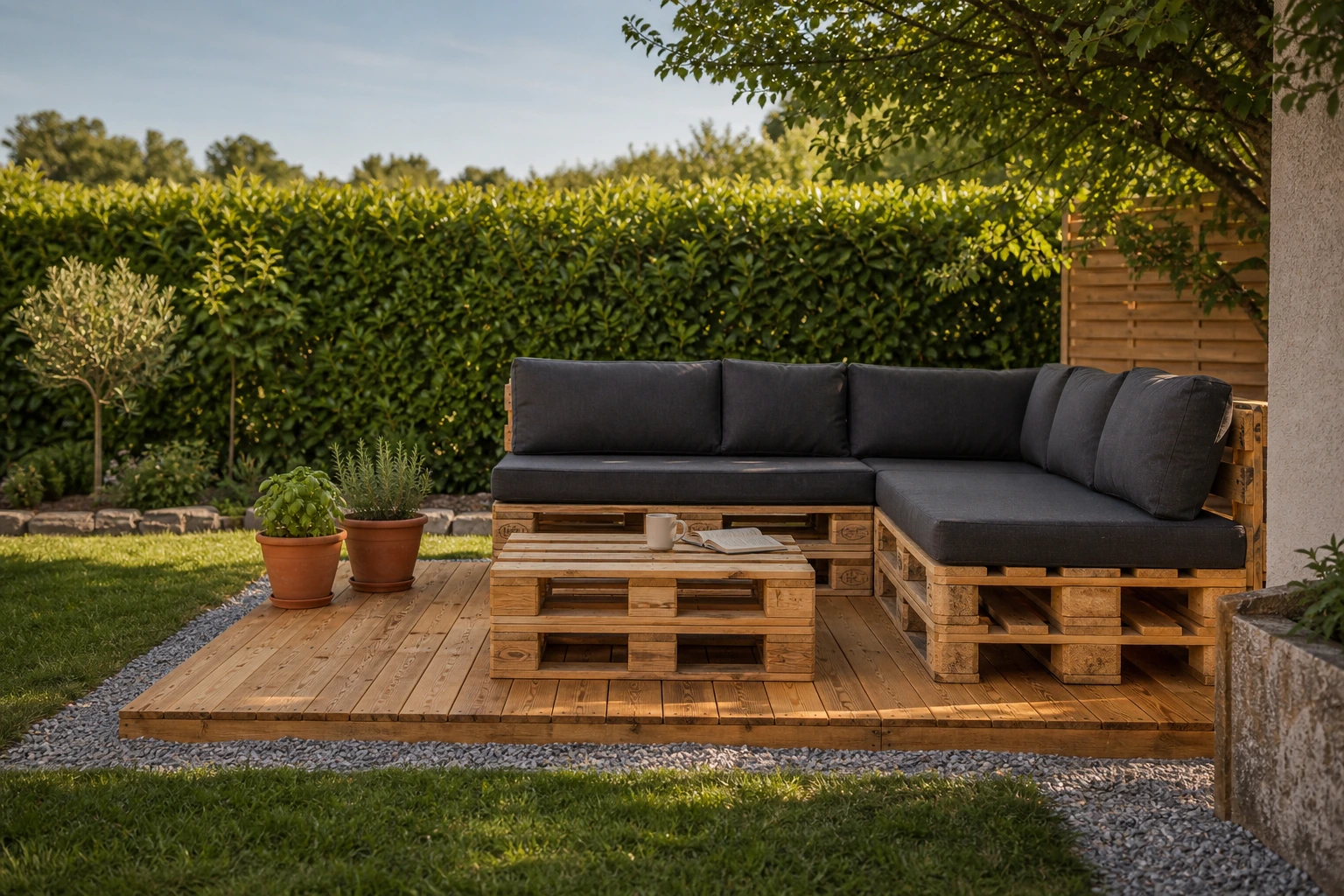 Terrasse en palettes Europe finie sur lit de gravier avec salon de jardin et plantes aromatiques dans un jardin français