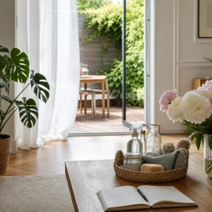 Salon français ensoleillé avec check-list ouverte sur la table basse et fenêtre ouverte sur la terrasse
