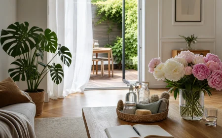 Salon français ensoleillé avec check-list ouverte sur la table basse et fenêtre ouverte sur la terrasse